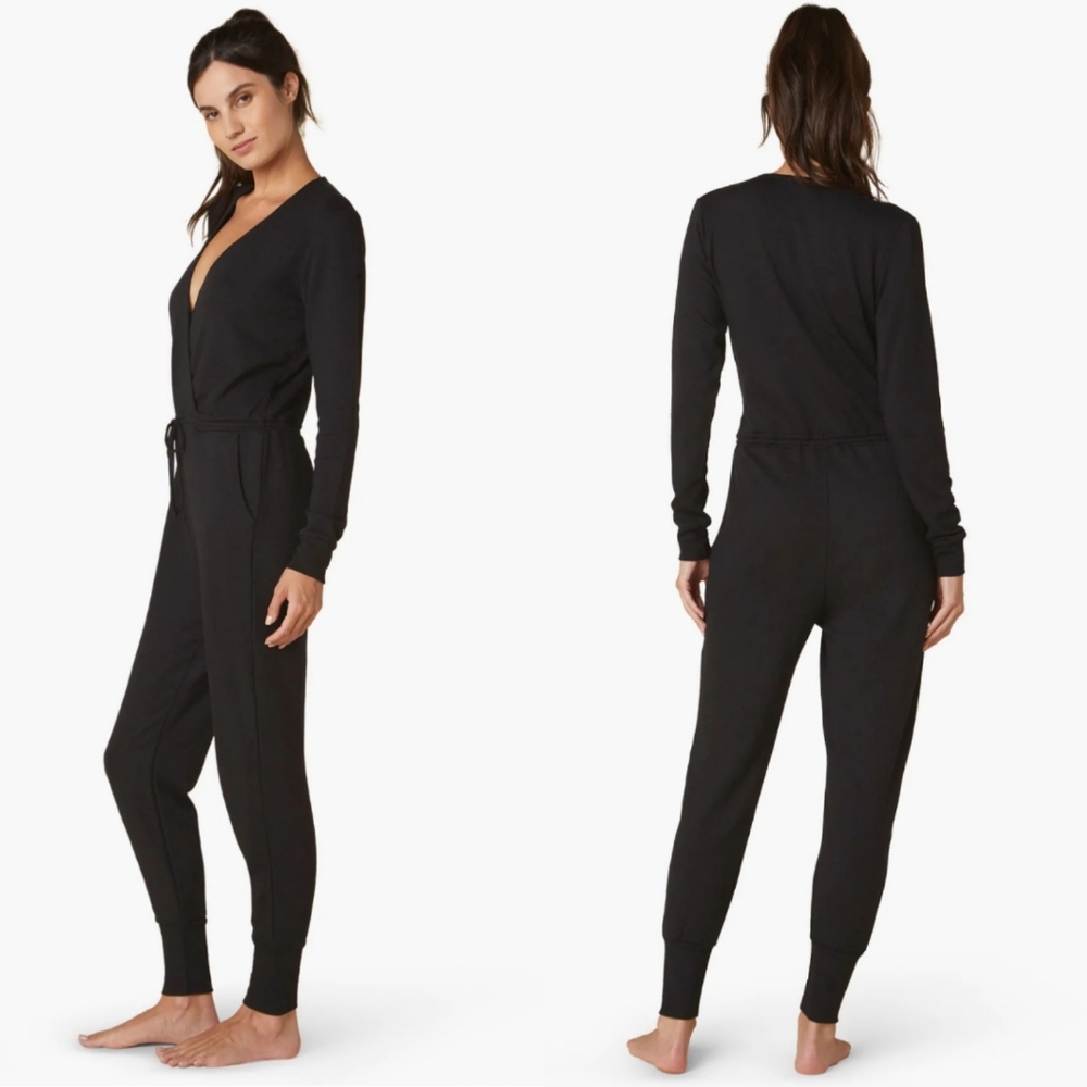 Beyond Yoga Black Overlapping Fleece Jumpsuit